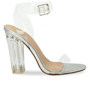 Women's Clear Ankle Strap Silver Chunky Lucite Heeled Sandal - (Z040)